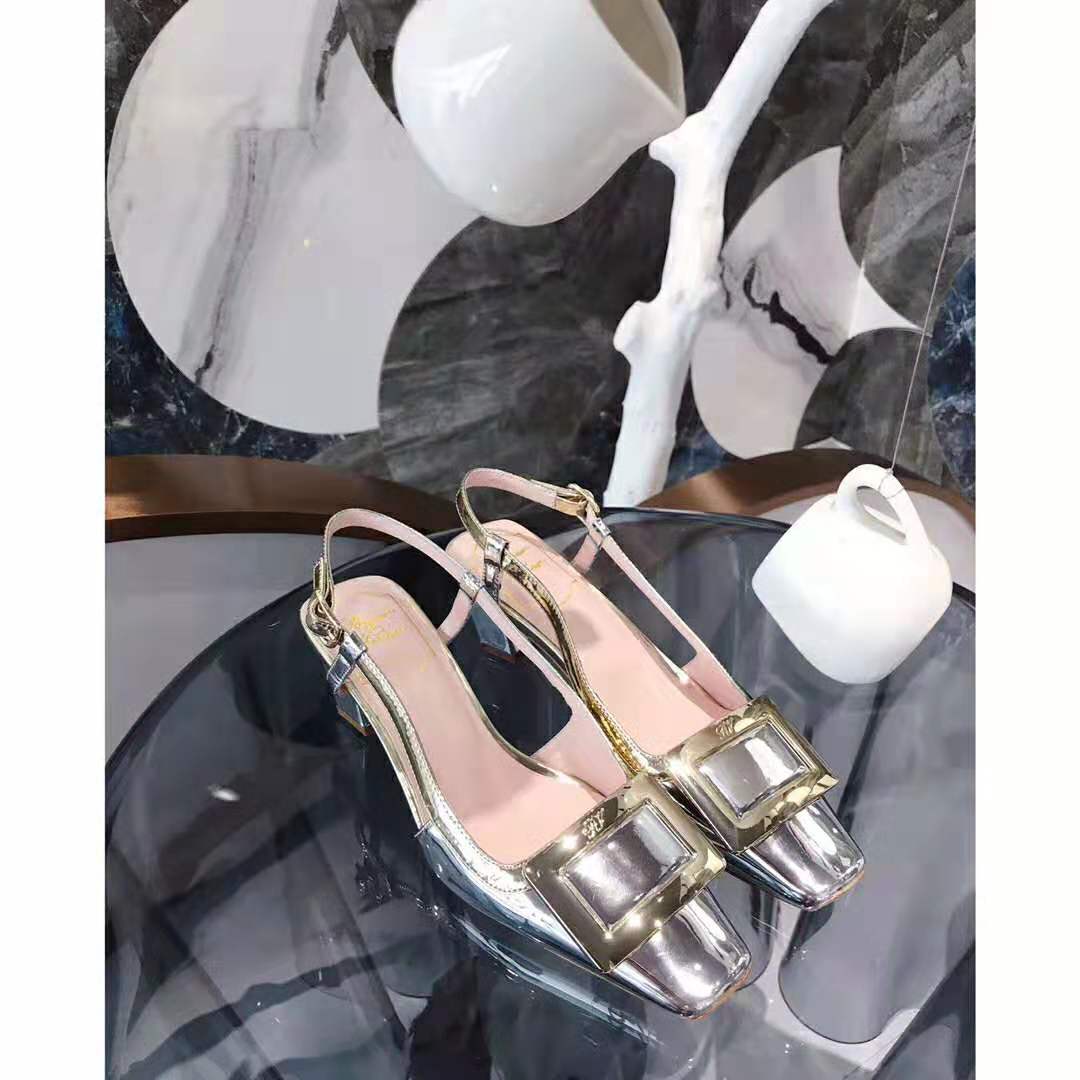 Rear view of Roger Vivier Women Sling Back Vivier Pumps-Silver highlighting slingback strap