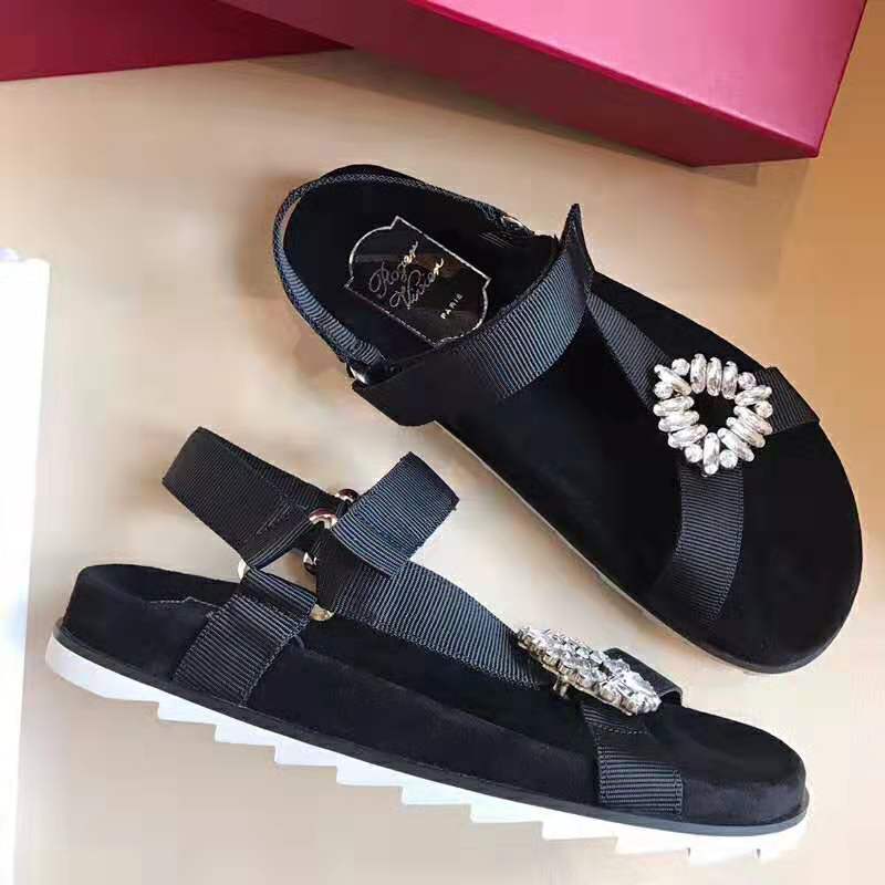 Close-up of buckle and gros grain detail on Roger Vivier Women Trekky Viv’ Sandals