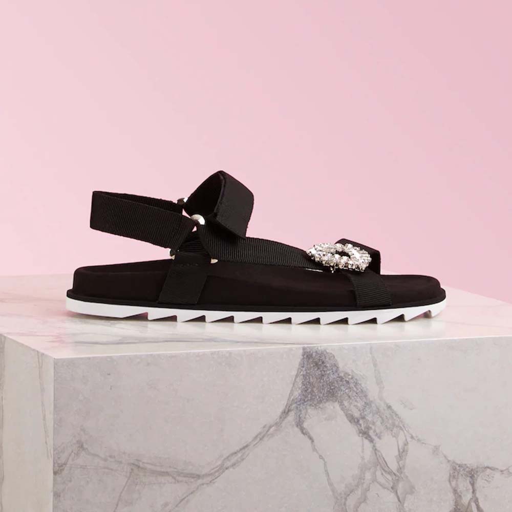Side profile of Roger Vivier Women Trekky Viv’ Sandals Gros Grain Panels-Black