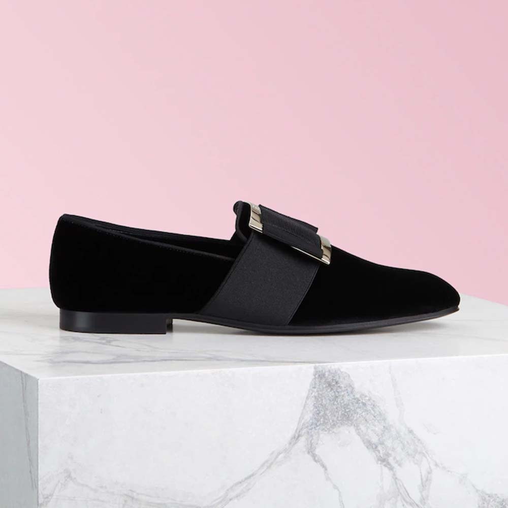 Side angle of Roger Vivier Women Tuxedo Loafers-Black showing buckle detail