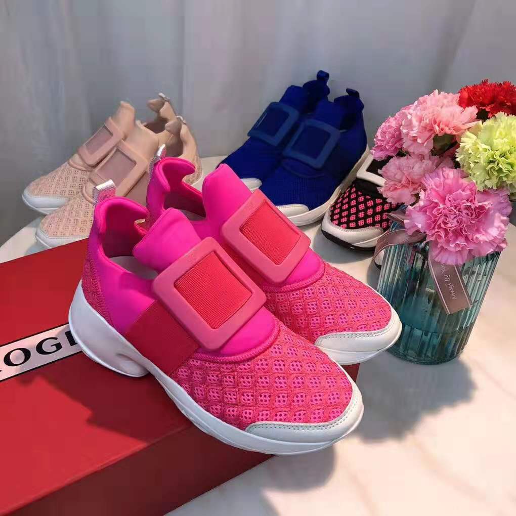 Close-up of crystal-embellished buckle on Roger Vivier Women Viv’ Run Sneakers-Rose