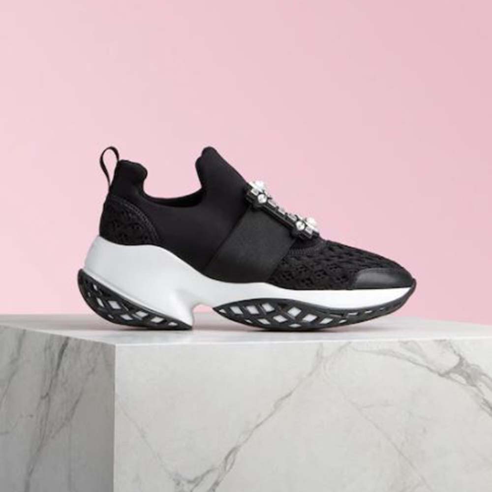 Side view of Roger Vivier Women Viv’ Run Strass Buckle Sneakers-Black