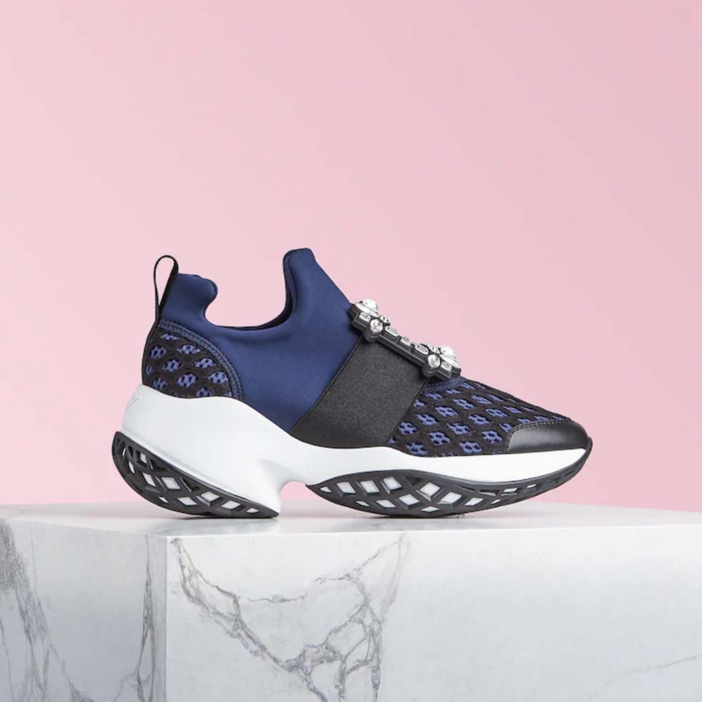 Side view of Roger Vivier Women Viv’ Run Strass Buckle Sneakers-Navy