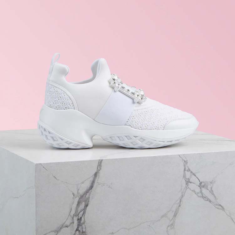 Side angle of Roger Vivier Women Viv’ Run Strass Buckle Sneakers-White