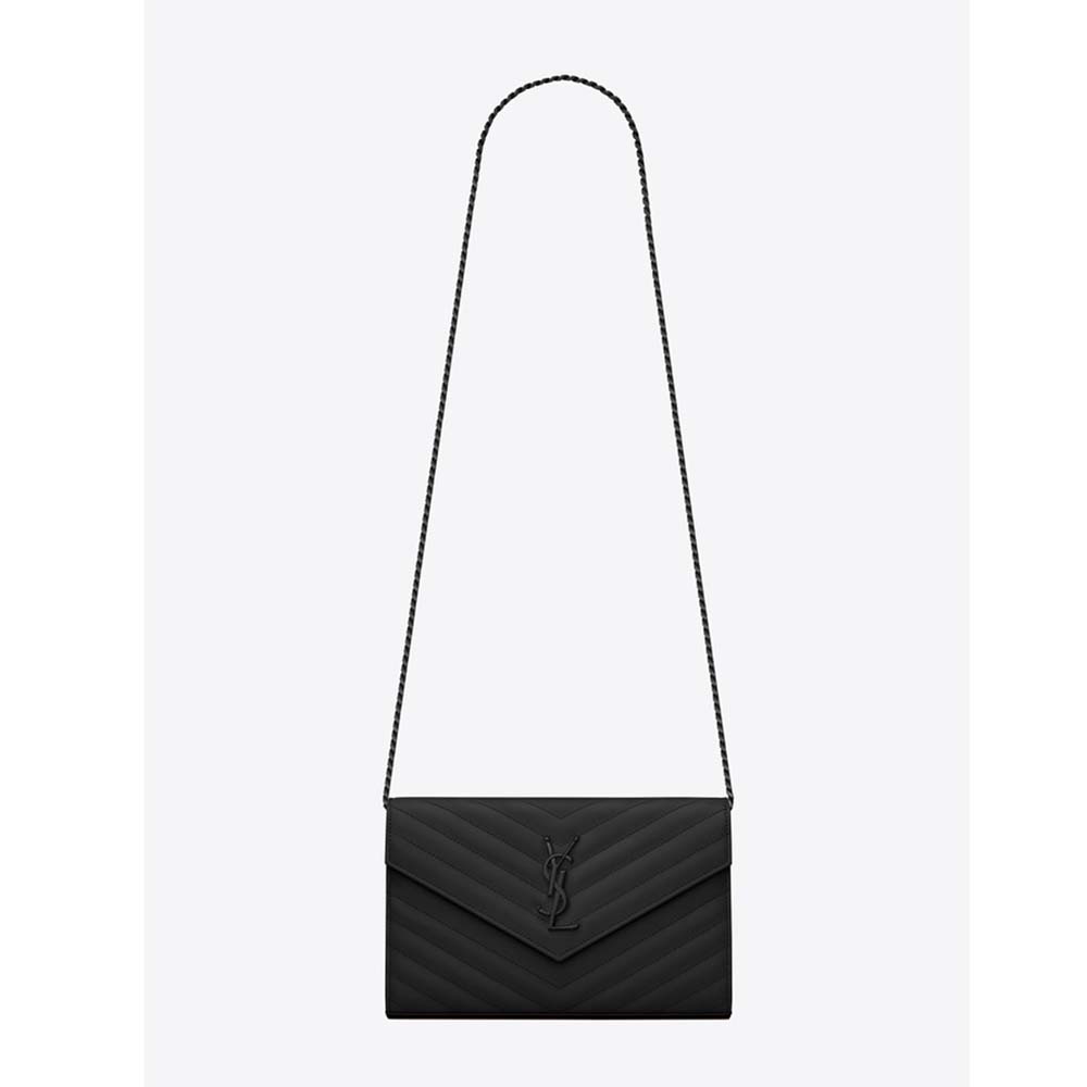 Front view of Saint Laurent Monogram Chain Wallet Grain De Poudre Embossed-Black