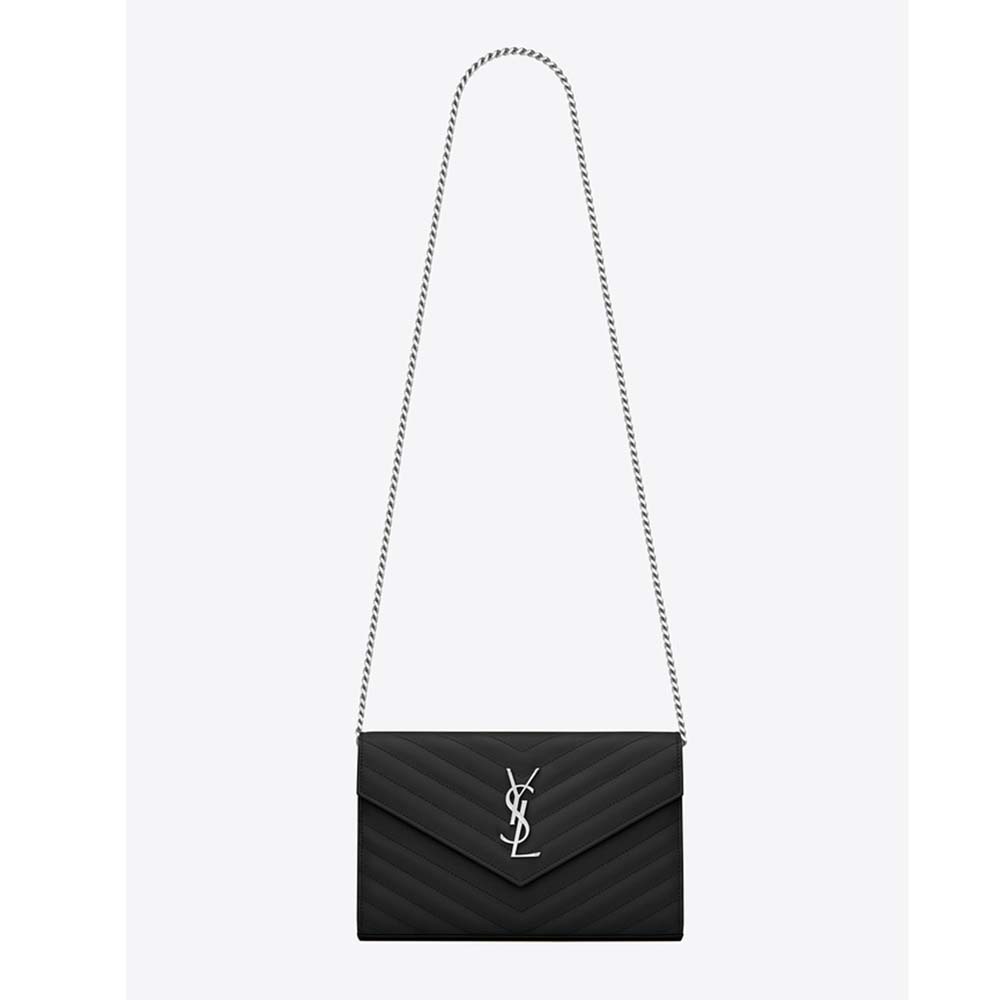 Front view of Saint Laurent Monogram Chain Wallet Grain De Poudre Embossed-Silver