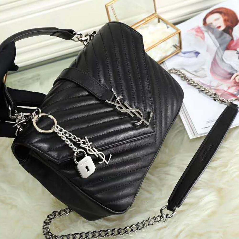 Side profile showing silhouette and silver hardware of Saint Laurent YSL College Bag