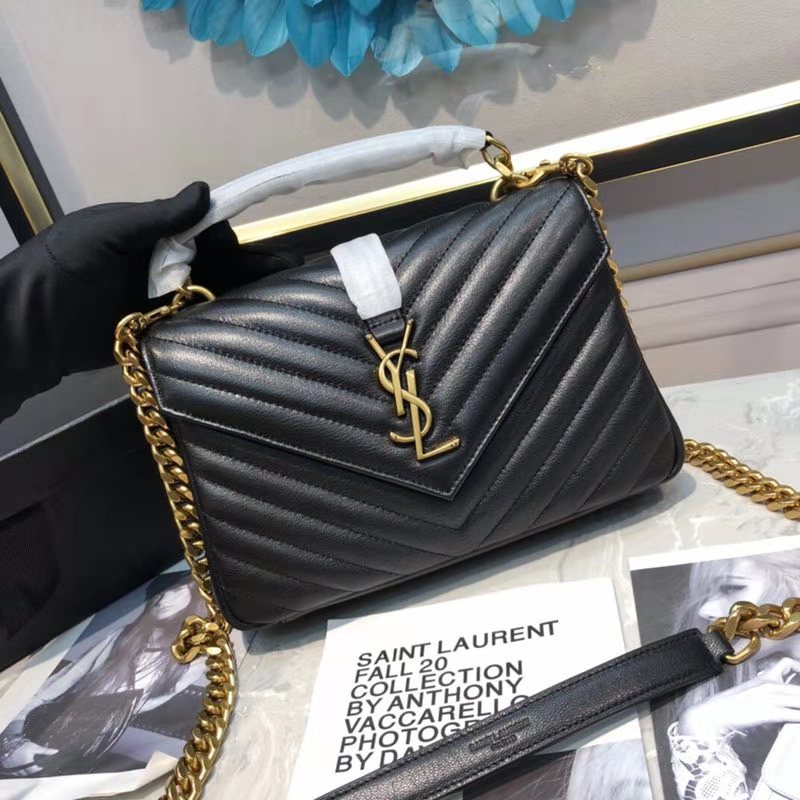 Close-up of gold YSL logo hardware on Saint Laurent Classic Medium College Bag