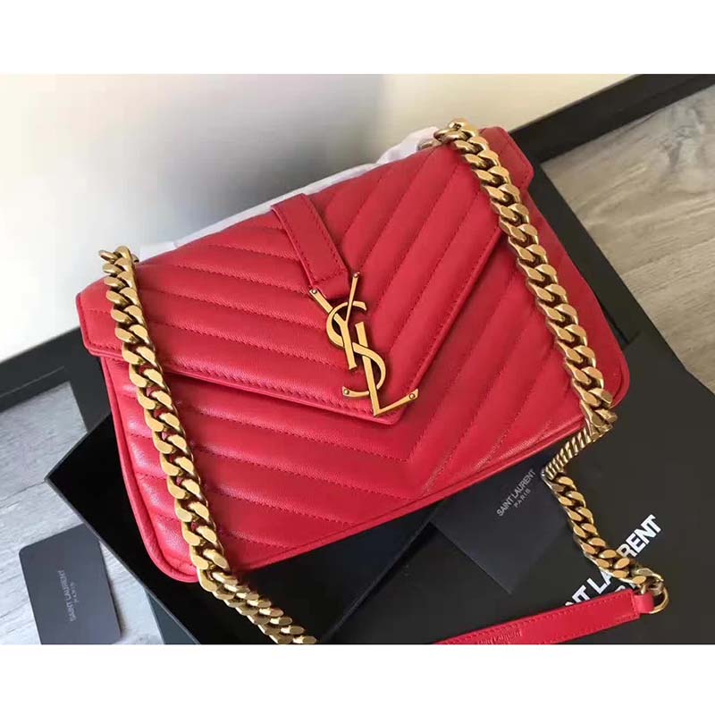 Close-up on gold YSL logo hardware of the Classic Medium College Bag Red