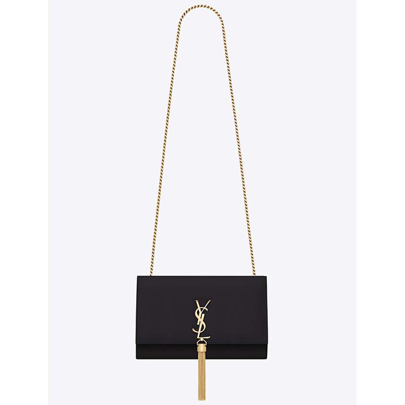 Front view of Saint Laurent YSL Medium Kate Tassel Chain Bag Calfskin Leather-Black