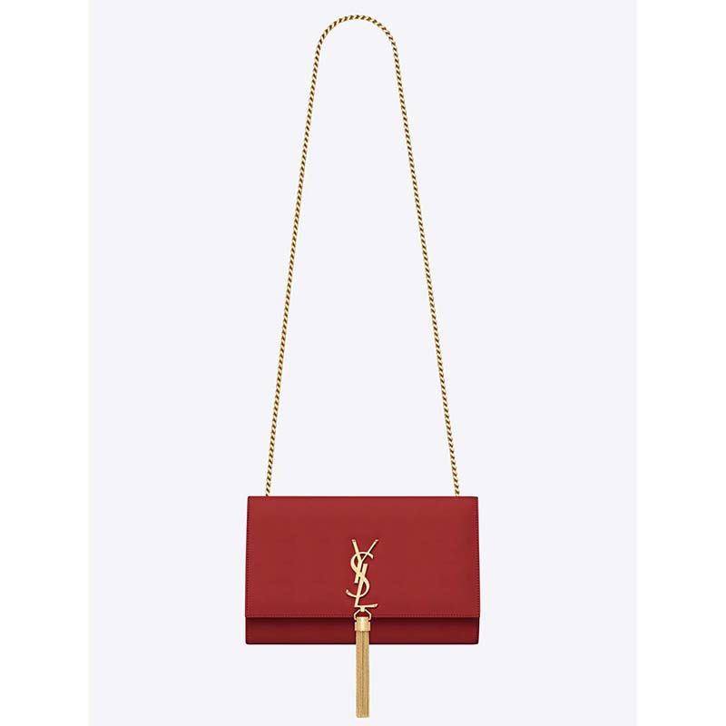 Front view of Saint Laurent YSL Medium Kate Tassel Chain Bag Calfskin Leather-Red