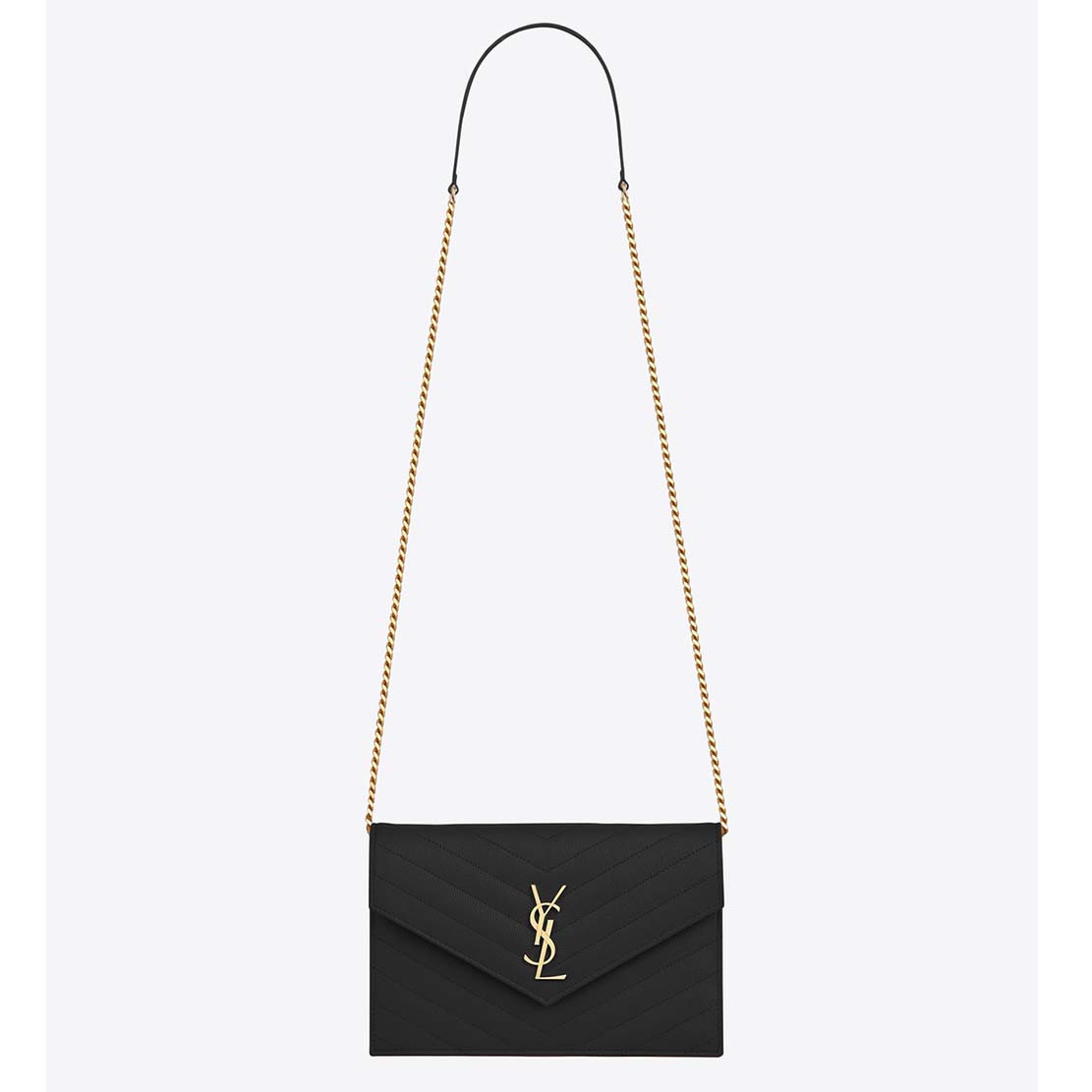 Front view of Saint Laurent YSL Medium Monogram Envelope Chain Wallet Gold Hardware-Black