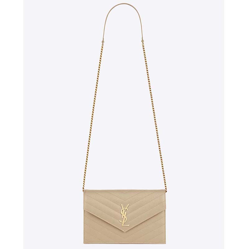 Front view of Saint Laurent YSL Medium Monogram Envelope Chain Wallet Gold Hardware-Sandy