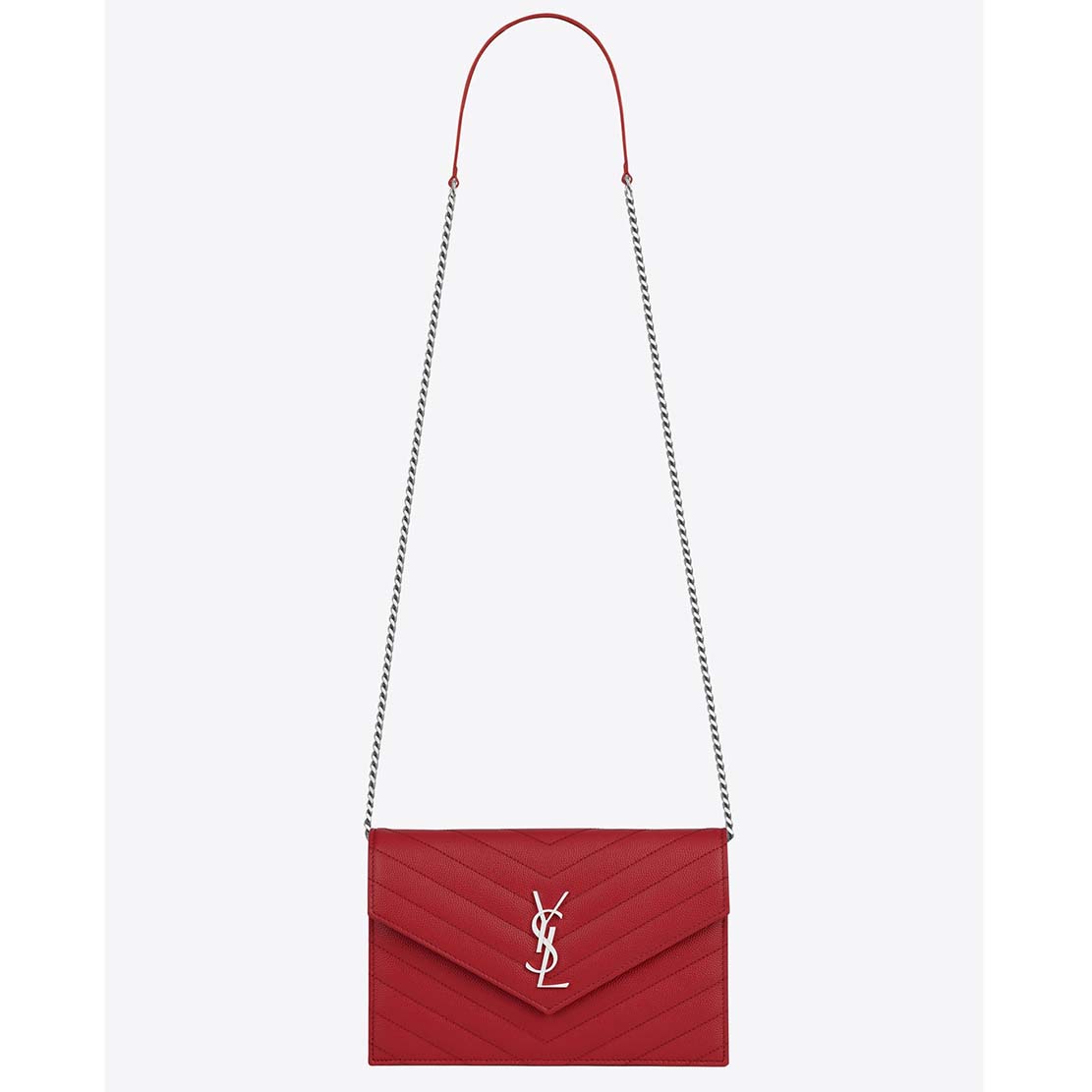 Front view of Saint Laurent YSL Medium Monogram Envelope Chain Wallet Silver Hardware in red