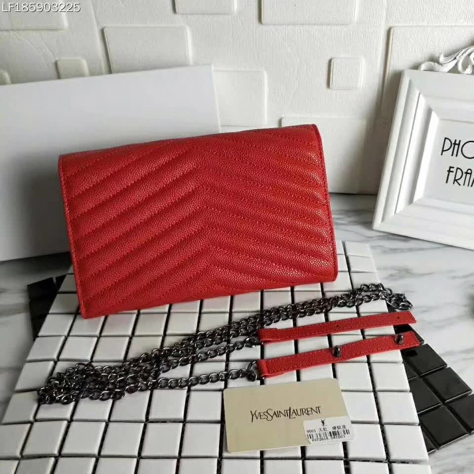 Side angle showing chain strap detail on Saint Laurent YSL Medium Monogram Envelope Chain Wallet