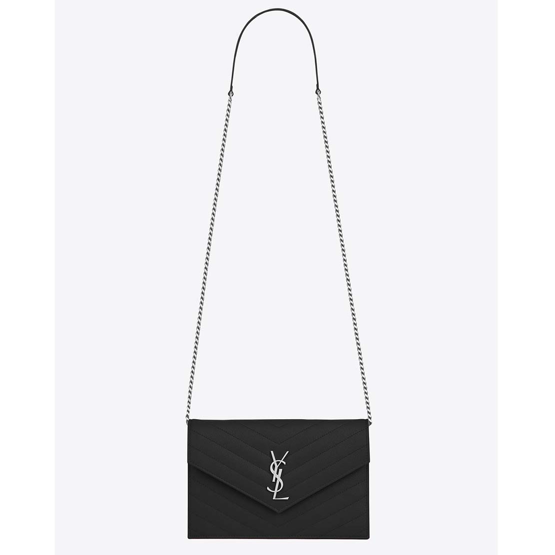 Front view of Saint Laurent YSL Medium Monogram Envelope Chain Wallet Silver Hardware-Black