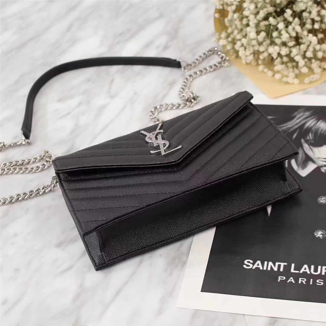 Saint Laurent YSL Medium Monogram Envelope Chain Wallet Silver Hardware-Black - image 4