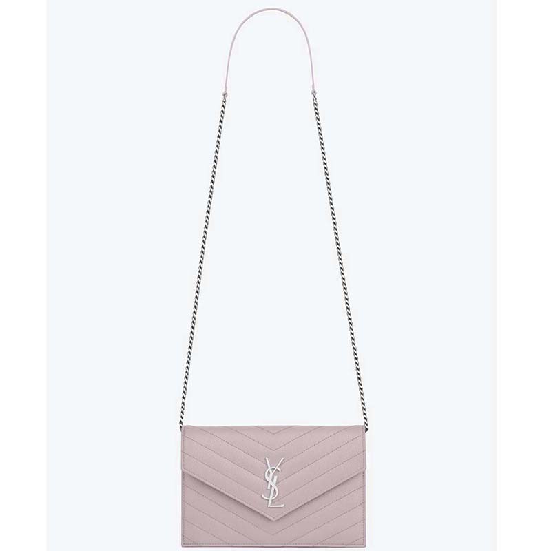 Front view of Saint Laurent YSL Medium Monogram Envelope Chain Wallet Pink