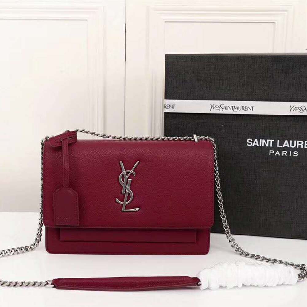 Close-up of gold-tone hardware on Saint Laurent YSL Medium Sunset Bag Calfskin Leather-Maroon