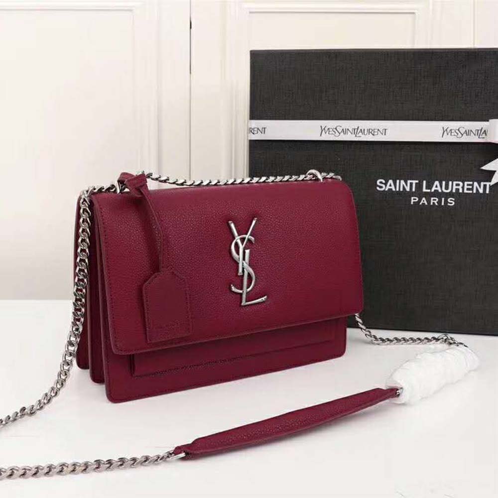 Side angle showing silhouette of Saint Laurent YSL Medium Sunset Bag Calfskin Leather-Maroon