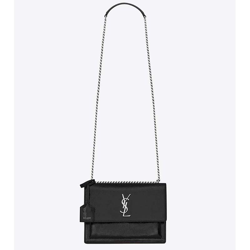 Front view of Saint Laurent YSL Medium Sunset Bag in black calfskin leather