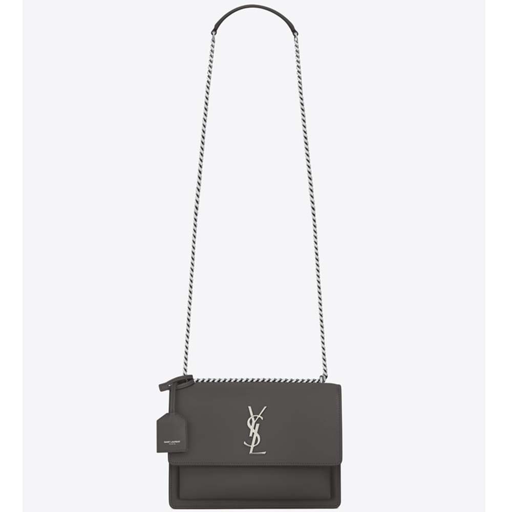 Front view of Saint Laurent YSL Medium Sunset Bag in grey calfskin leather