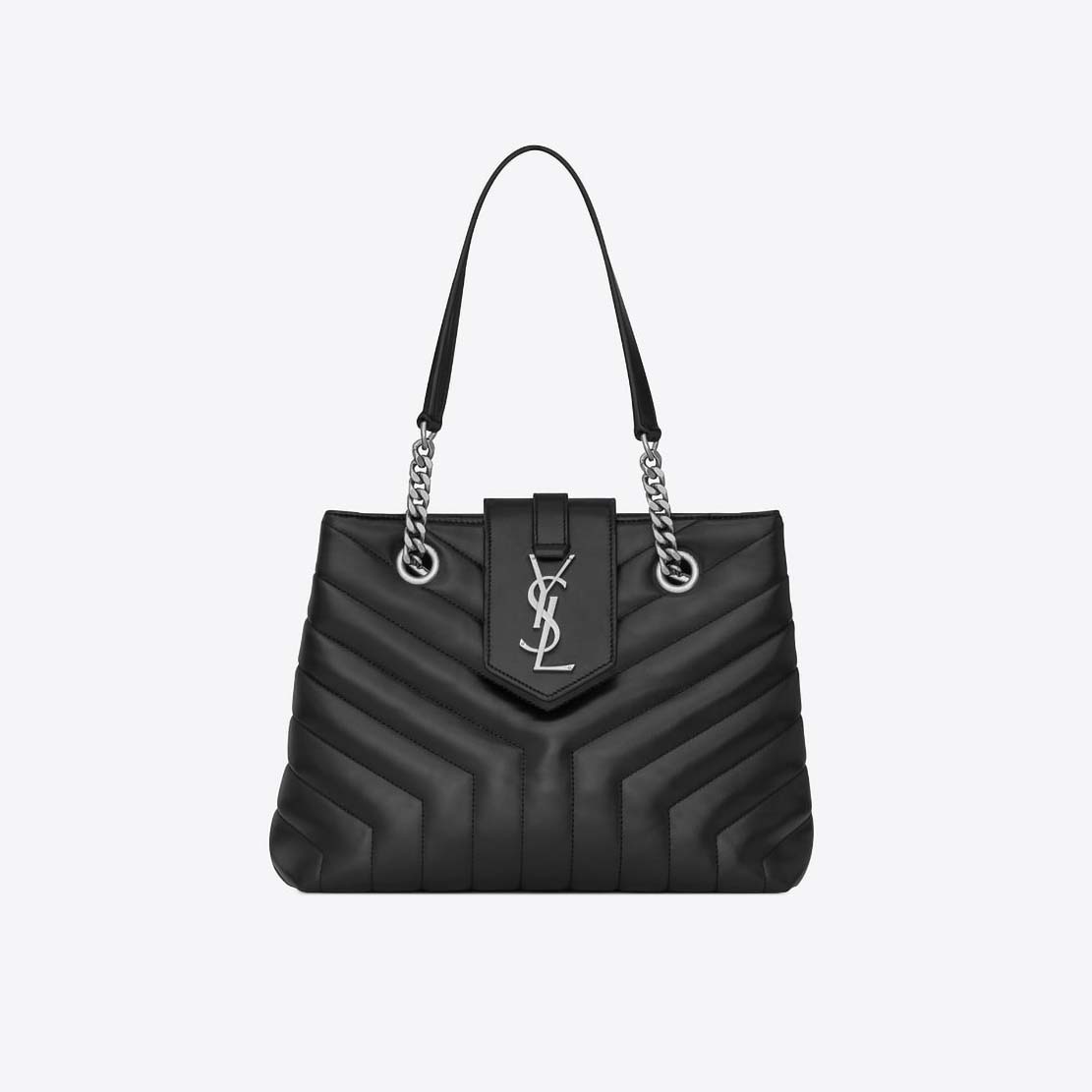 Front view of Saint Laurent YSL Small Loulou Shopping Bag Y Quilted-Black