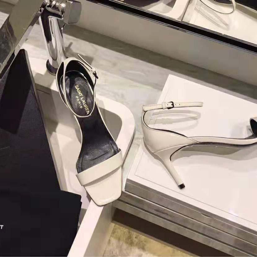 Top view showing sleek silhouette of Saint Laurent YSL Amber Sandals beige
