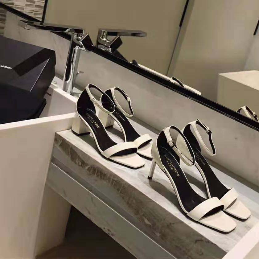 Saint Laurent YSL Women Amber Sandals Patent Leather 8.5cm Heel-Beige - image 5