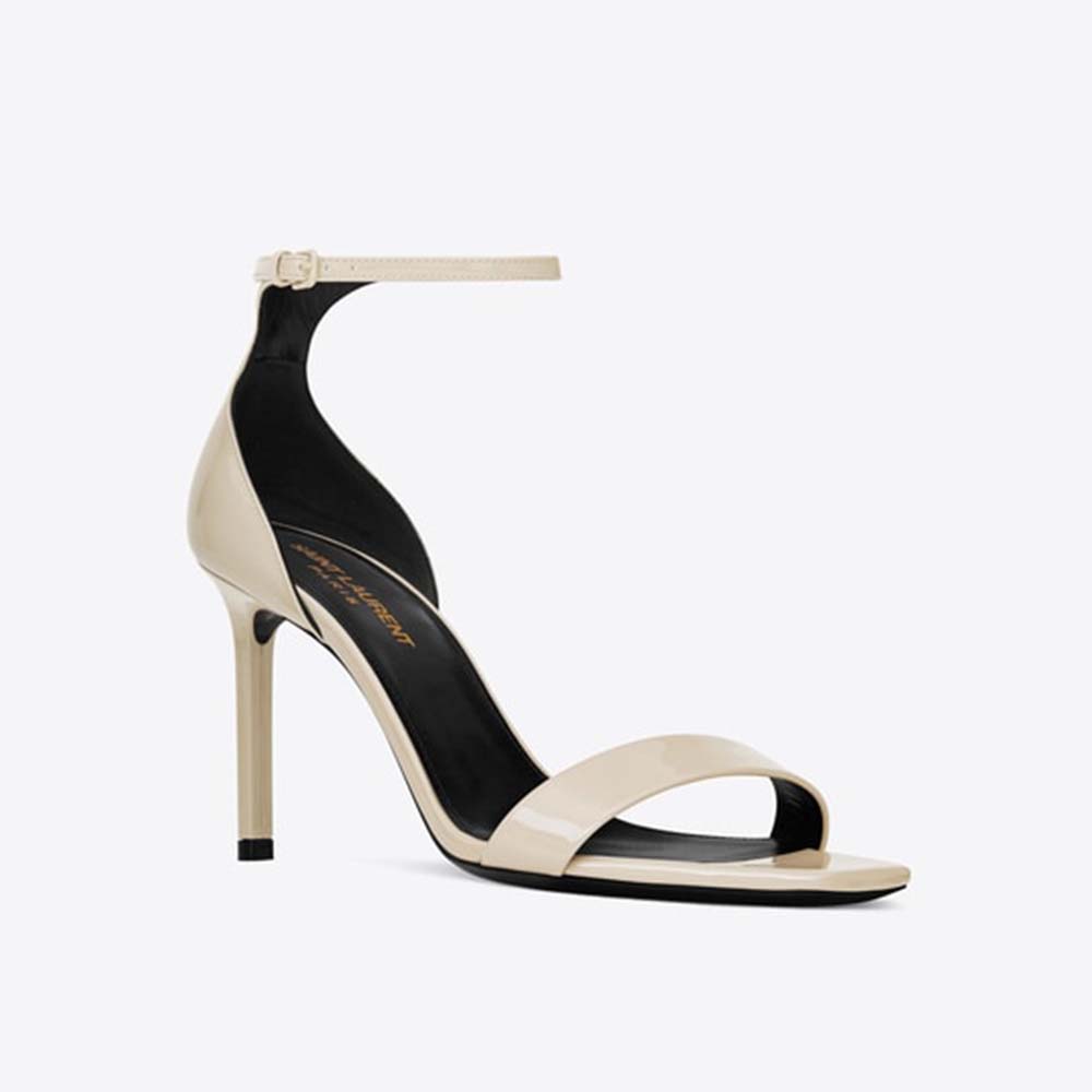 Side profile of Saint Laurent YSL Women Amber Sandals Patent Leather 8.5cm Heel-Beige