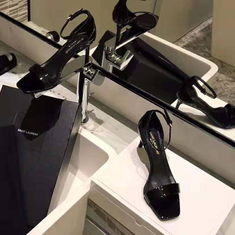 Top view showing glossy finish on Saint Laurent YSL Women Amber Sandals