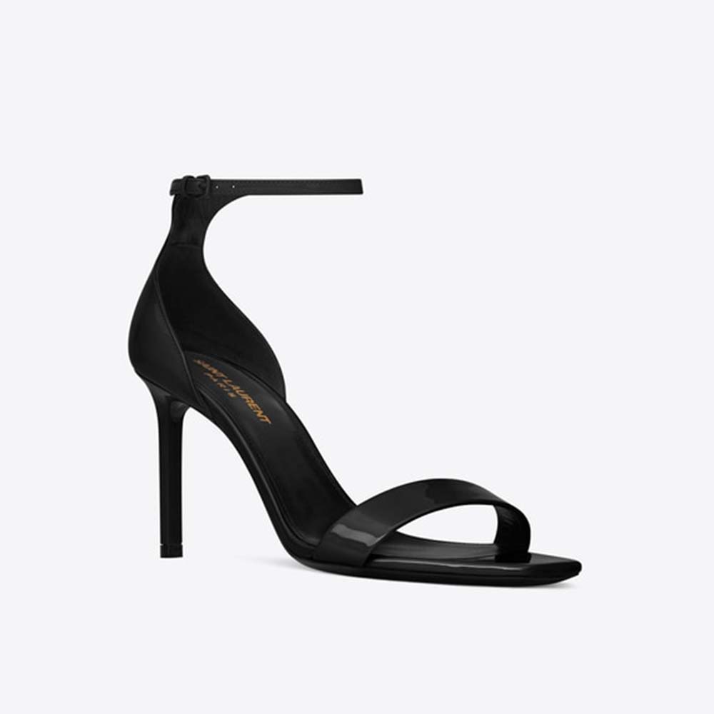 Side profile of Saint Laurent YSL Women Amber Sandals Patent Leather 8.5cm Heel-Black