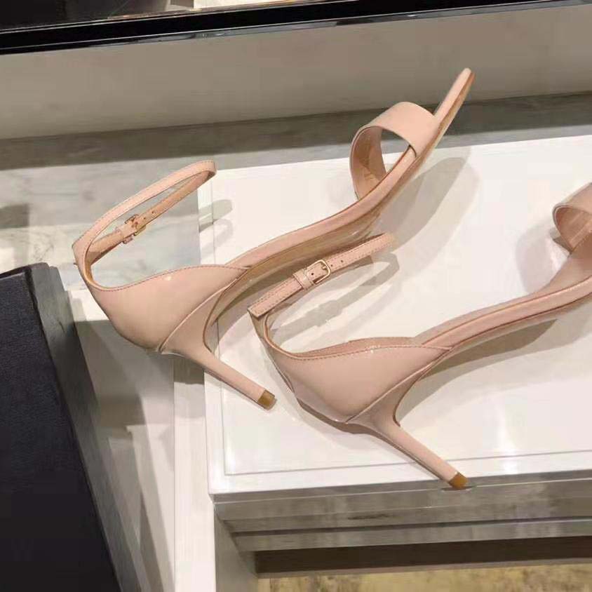 Side profile showing elegant 8.5cm heel on Saint Laurent YSL Amber Sandals
