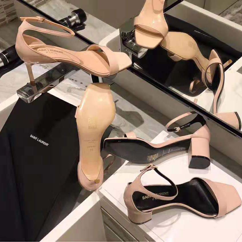 Saint Laurent YSL Women Amber Sandals Patent Leather 8.5cm Heel-Pink - image 5
