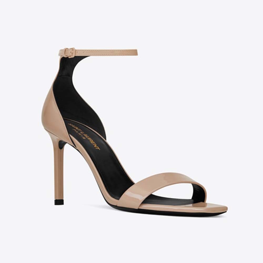 Front view of Saint Laurent YSL Women Amber Sandals Patent Leather 8.5cm Heel-Pink