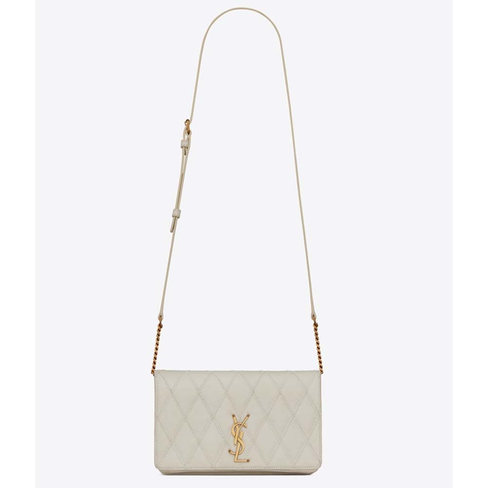 Front view of Saint Laurent YSL Women Angie Chain Bag Diamond-Quilted Lambskin in white