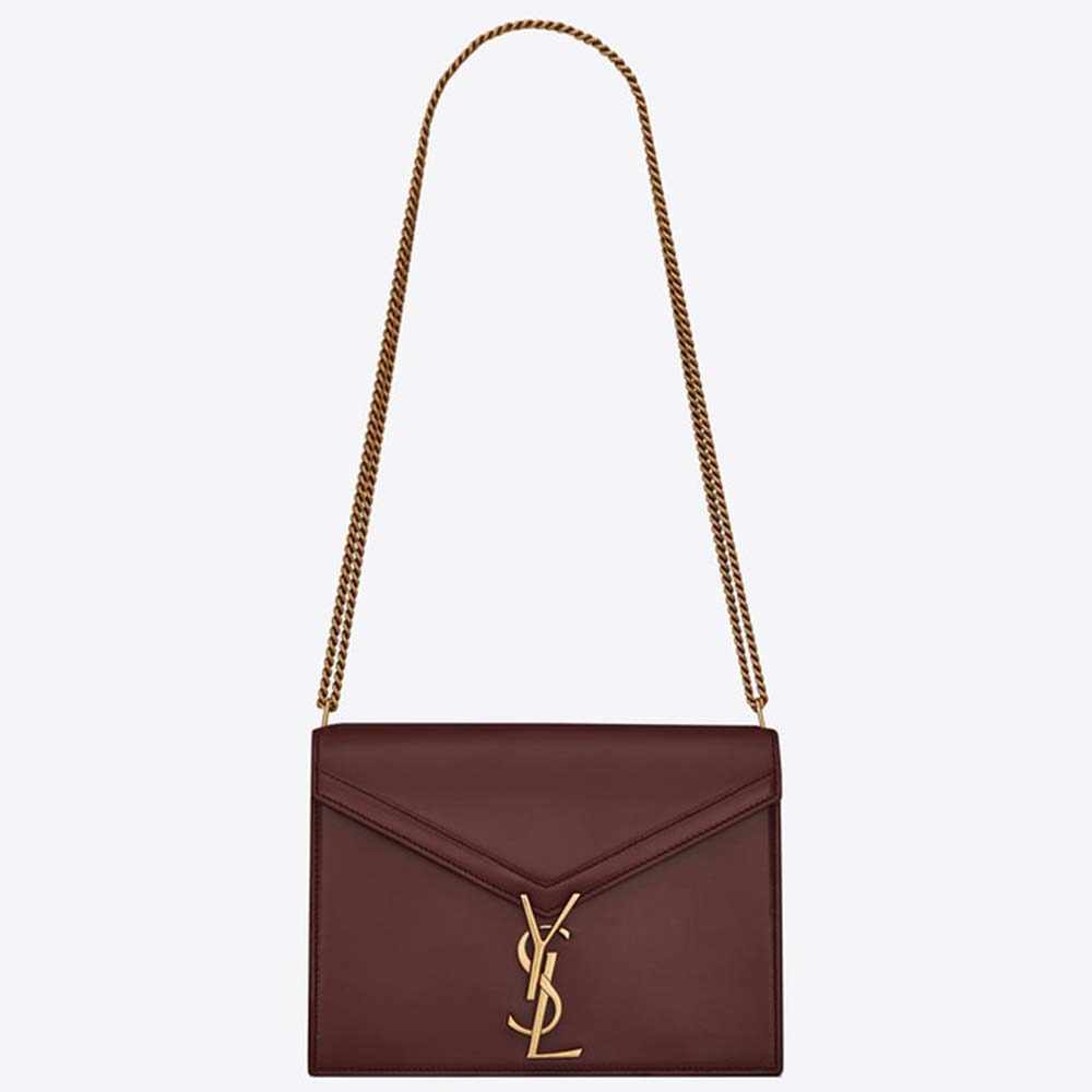 Front view of Saint Laurent YSL Women Cassandra Monogram Clasp Bag Smooth-Maroon