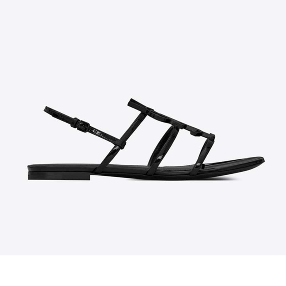 Front angle of Saint Laurent YSL Women Cassandra Open Sandals Black Logo Patent