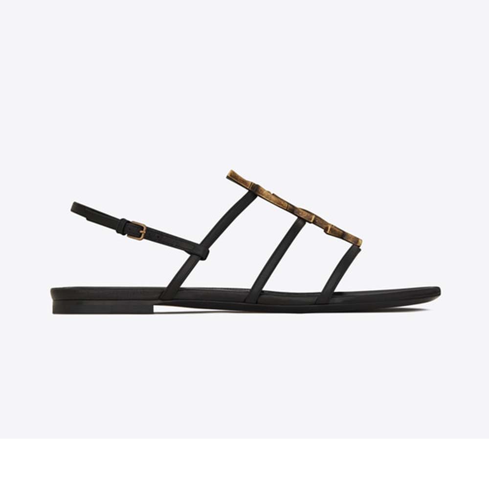 Front view of Saint Laurent YSL Women Cassandra Open Sandals Smooth Leather-Black