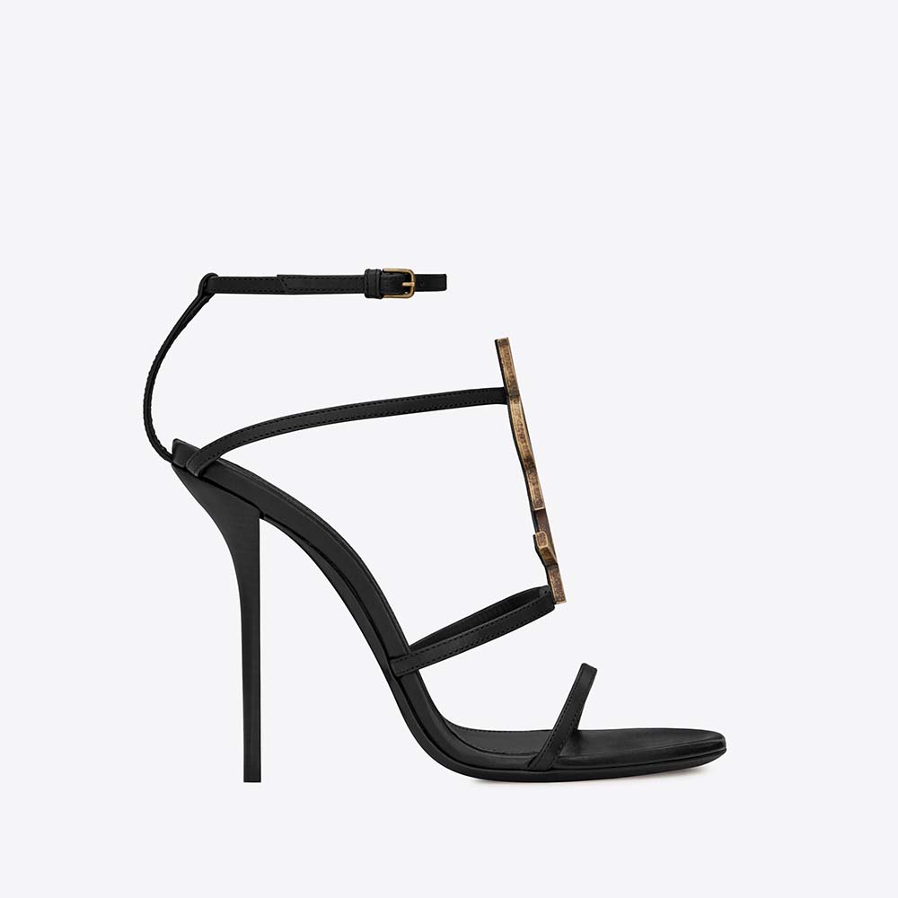 Front angle of Saint Laurent YSL Women Cassandra Sandal Gold Logo Smooth 11cm Heel