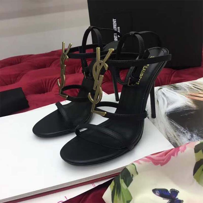 Saint Laurent YSL Women Cassandra Sandal Gold Logo Smooth 11cm Heel - image 6