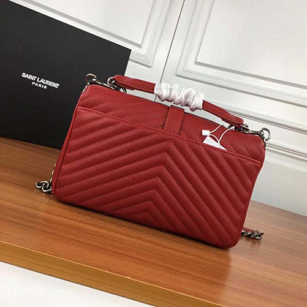Side angle showing chain strap and texture of Saint Laurent YSL Women College Medium