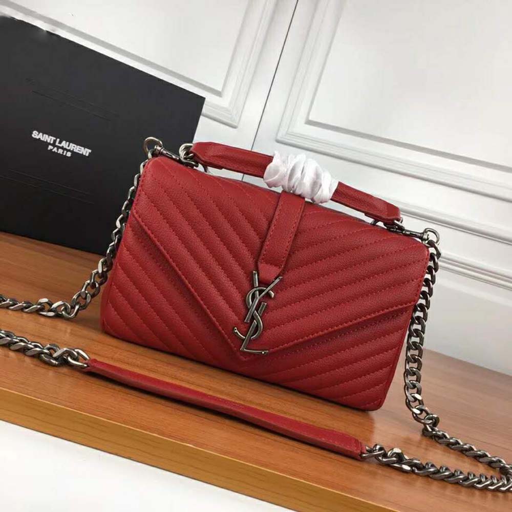 Close-up on gold YSL clasp detail of Saint Laurent YSL Women College Medium bag