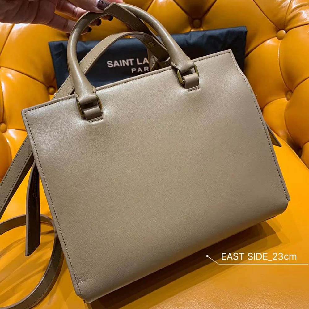 Side angle showing smooth leather texture of Saint Laurent East Side Tote