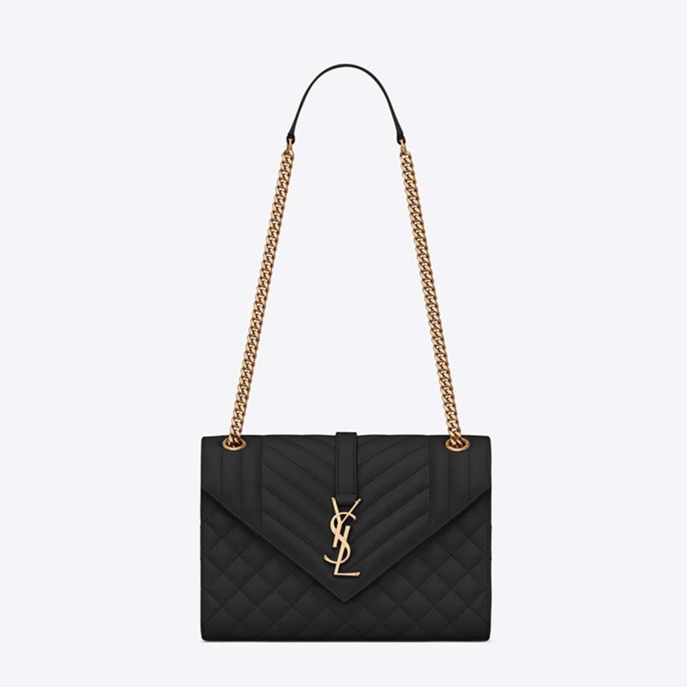 Front view of Saint Laurent YSL Women Envelope Medium Bag Grain De Poudre Embossed black leather