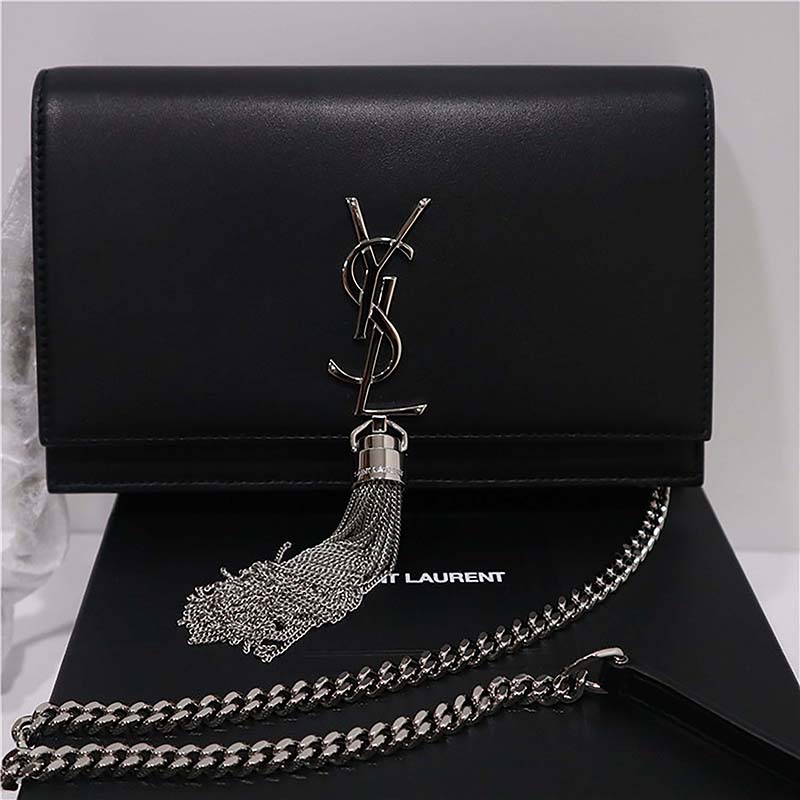 Side profile showing textured leather and slim silhouette of Saint Laurent YSL bag