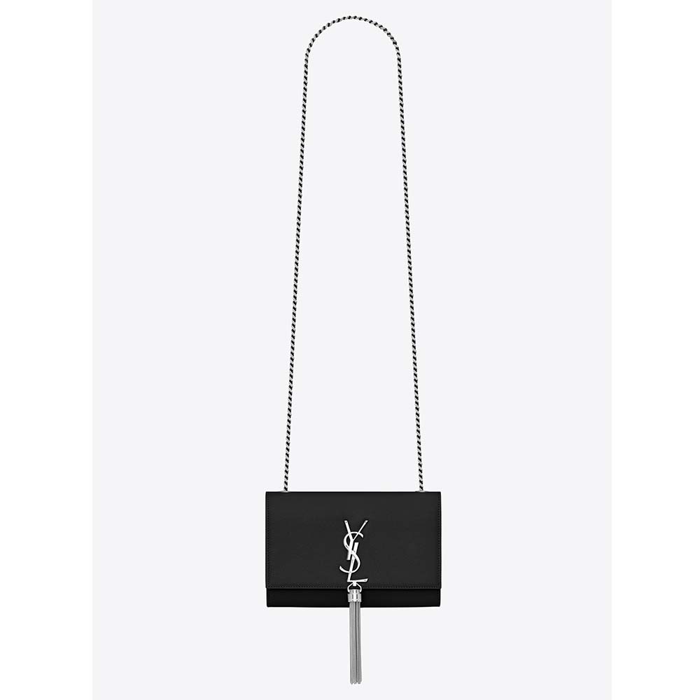 Front view of Saint Laurent YSL Women Kate Chain Tassel Bag Black Textured