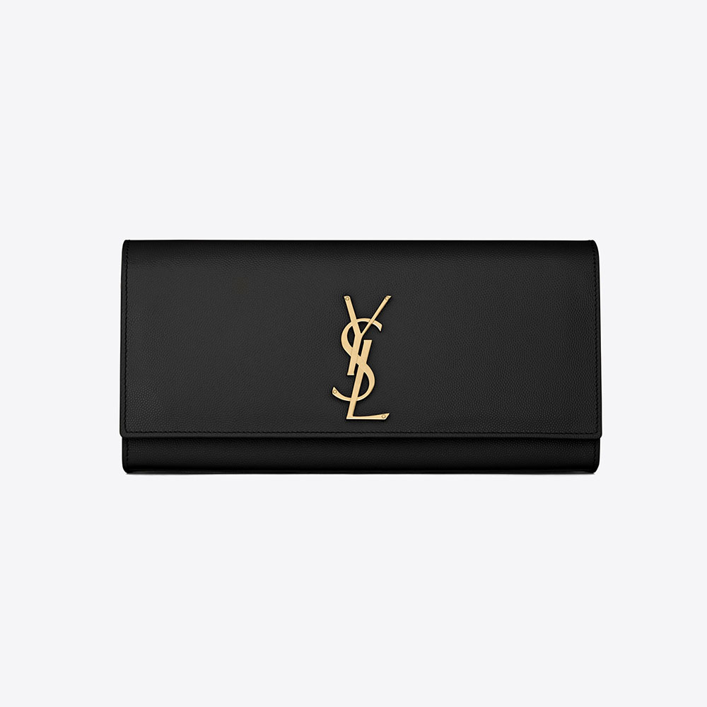 Front view of Saint Laurent YSL Women Kate Clutch Grain De Poudre Embossed in black