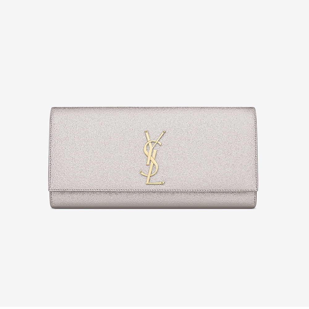 Front view of Saint Laurent YSL Women Kate Clutch grained metallic leather silver