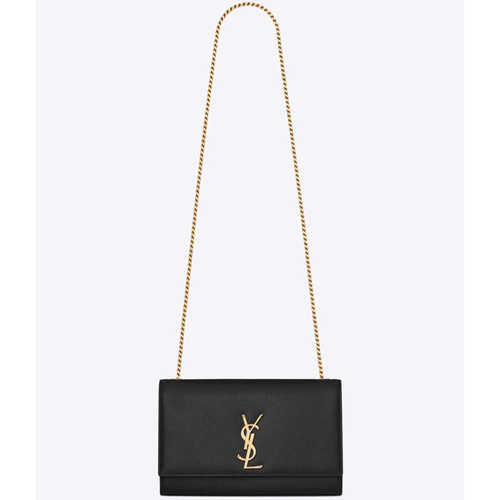 Front angle of Saint Laurent YSL Women Kate Medium Grain De Poudre Embossed-Gold bag